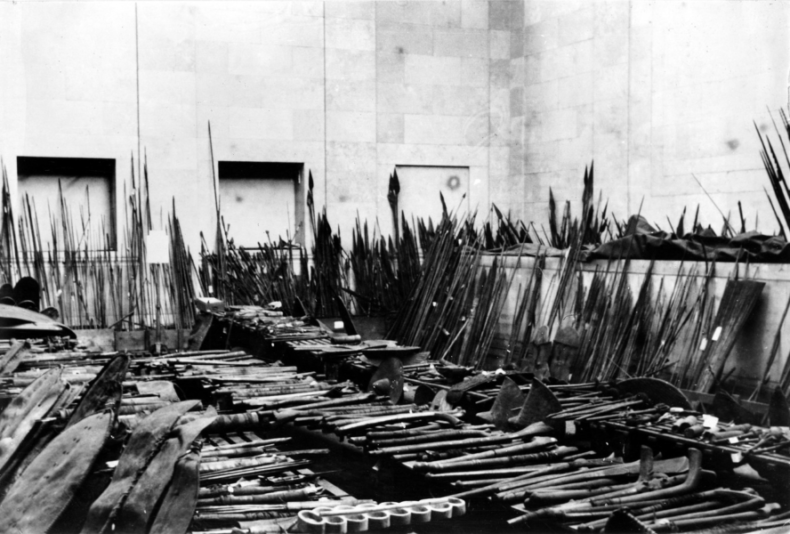 Weapons originally belonging to the Wellcome Historical Medical Museum laid out in the Duveen Gallery at the British Museum, 1955. Wellcome Collection